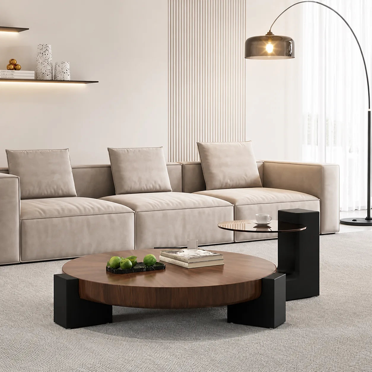 Salon contemporain avec table basse en noyer